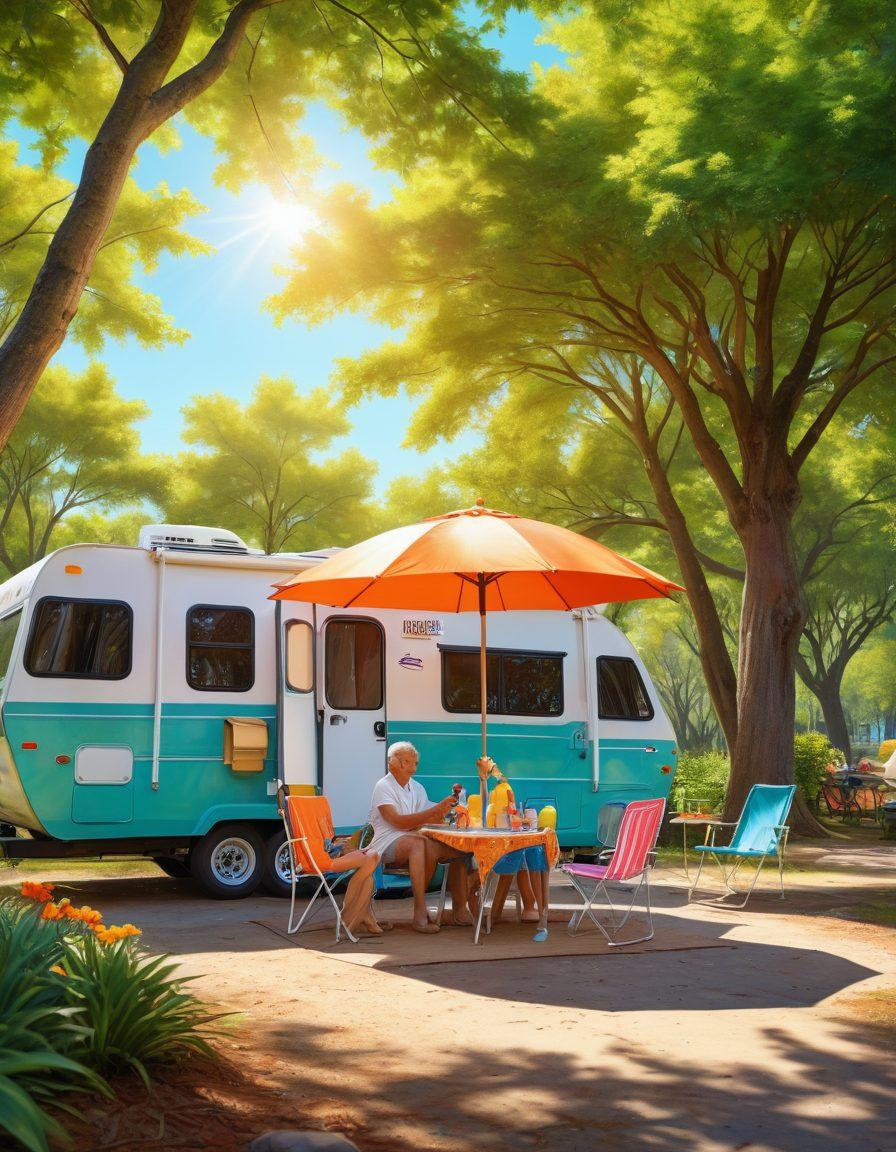 A vibrant scene of an RV parked under a sunny sky, surrounded by lush green trees. The RV features various sun protection items such as a large umbrella, sunscreen bottles, and sun hats displayed outside. Include sunlight filtering through the trees, casting playful shadows on the ground. A family is happily enjoying their time while applying sunscreen. bright colors. super-realistic.