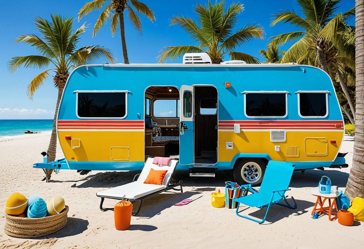 A sunny RV parked at a beautiful beach, surrounded by palm trees and colorful beach accessories. A stylish individual applying sunscreen while wearing chic sunglasses and a fashionable beach hat. In the background, a clear blue sky with a bright sun, and a small table with various sunscreens and summer essentials. The scene conveys relaxation and safety on a perfect vacation. vibrant colors. super-realistic.