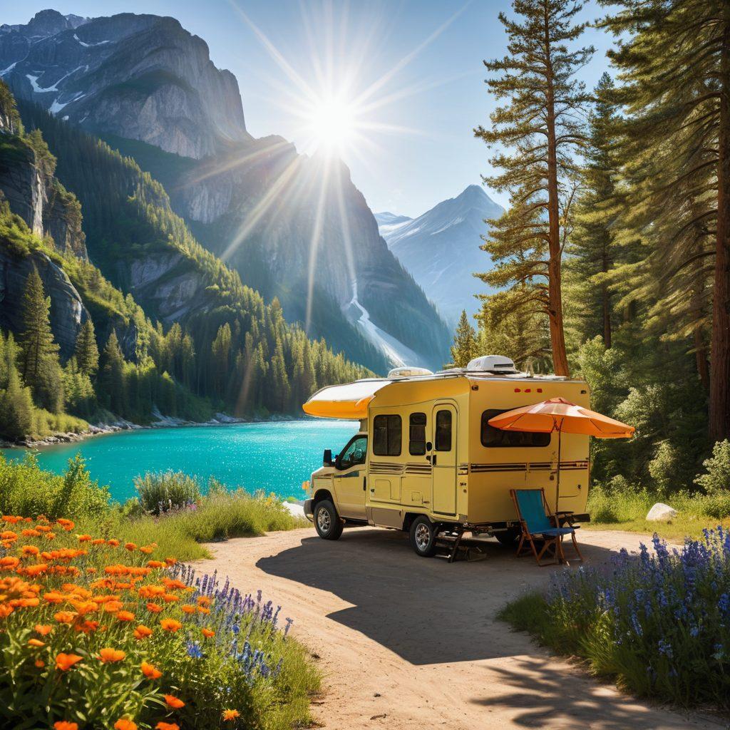 A majestic RV parked in a sun-drenched landscape, surrounded by lush trees and mountains. The scene features a diverse group of adventurous travelers applying sunblock, wearing wide-brimmed hats and sunglasses. Sun rays shine vibrantly in the sky, and a backdrop of beautiful wildflowers adds color. Include essential sun protection items like a beach umbrella and protective clothing scattered around. Focus on a warm, inviting atmosphere. super-realistic. vibrant colors. outdoor setting.